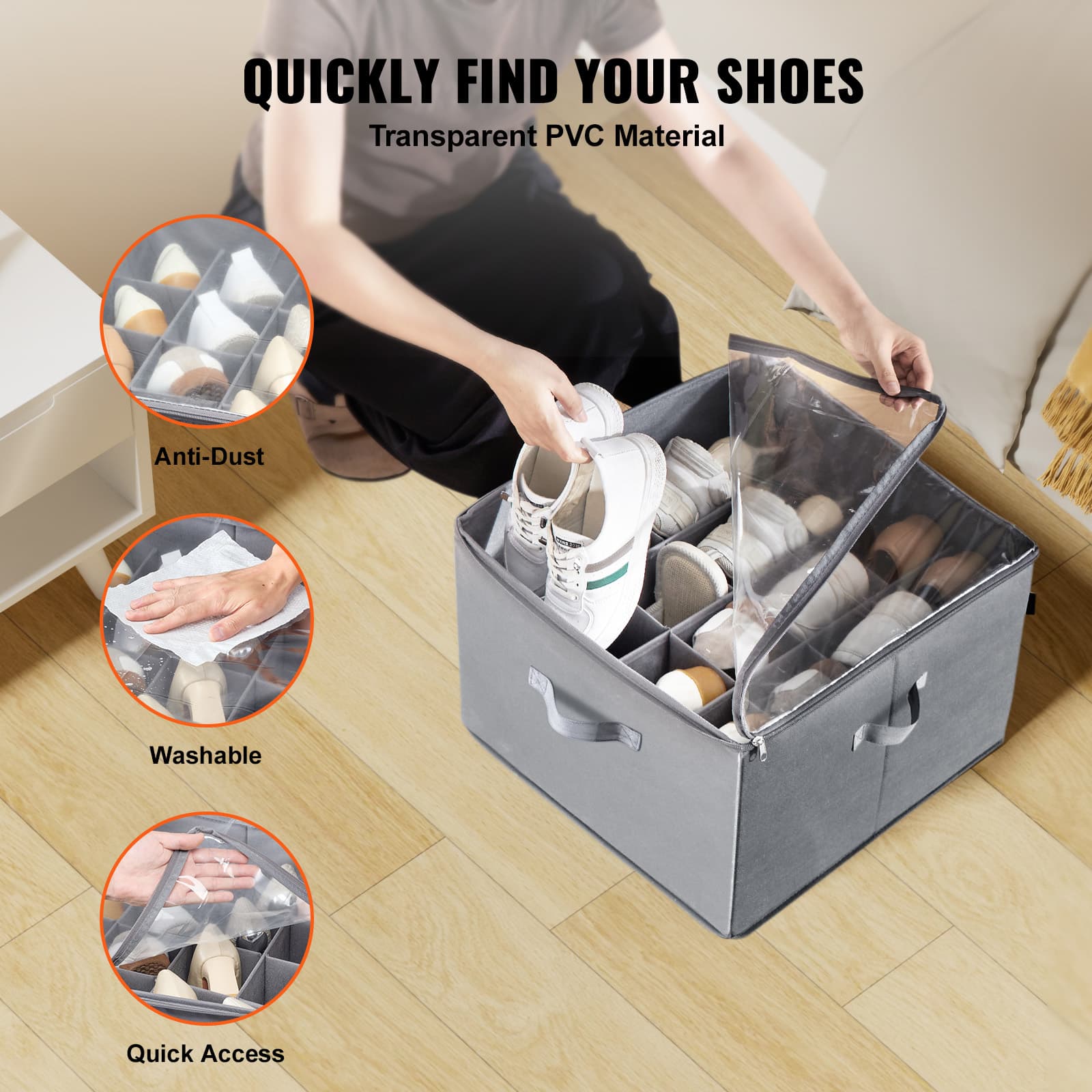 Underbed Shoe Storage Organizer with 16 Compartments, Adjustable Dividers, Clear Cover, Foldable Shoe Storage for Closet & Bed Storage