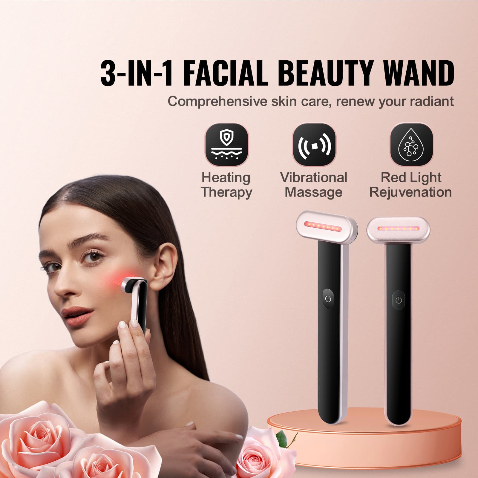 Red Light Therapy Wand for Face 7 Color LED Facial Device, Microcurrent Face Wand for Wrinkles, Heating Massage Beauty Tool for Face Neck