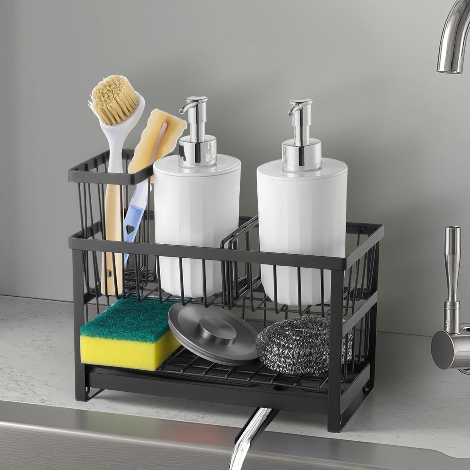 Kitchen Sink Caddy Organizer with Drain, Sponge Holder for Kitchen Sink, 2-Tier Sink Caddy with Rotating Spout & Brush Holder