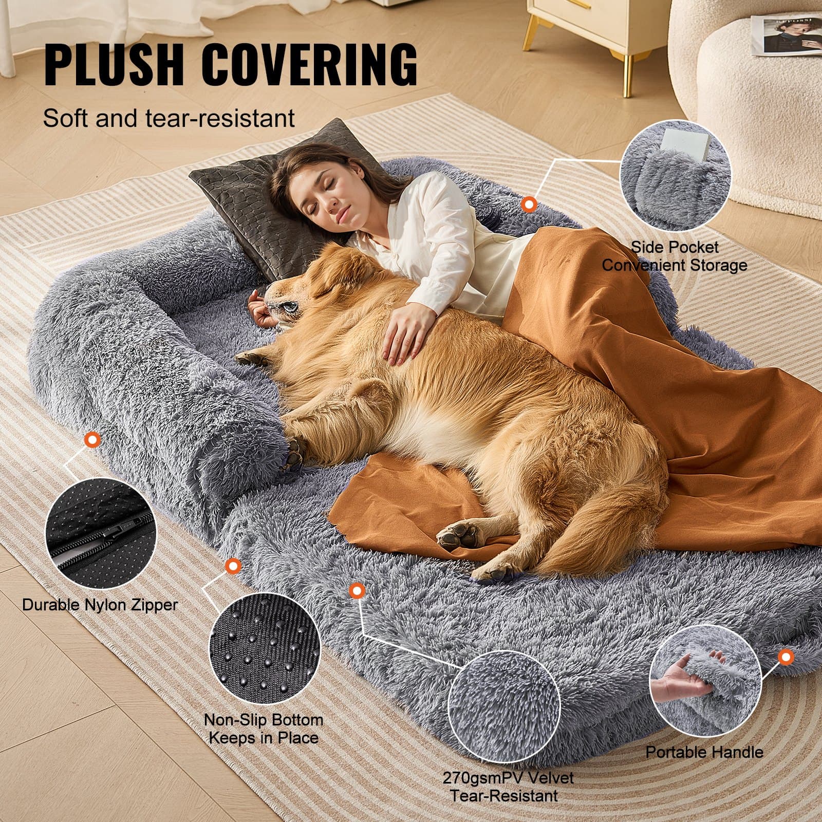 Human Dog Bed for Adults 72 x 48 x 10 in, Large Washable Human Size Dog Bed with Plush Cover, Foam Support, Handles & Side Pockets