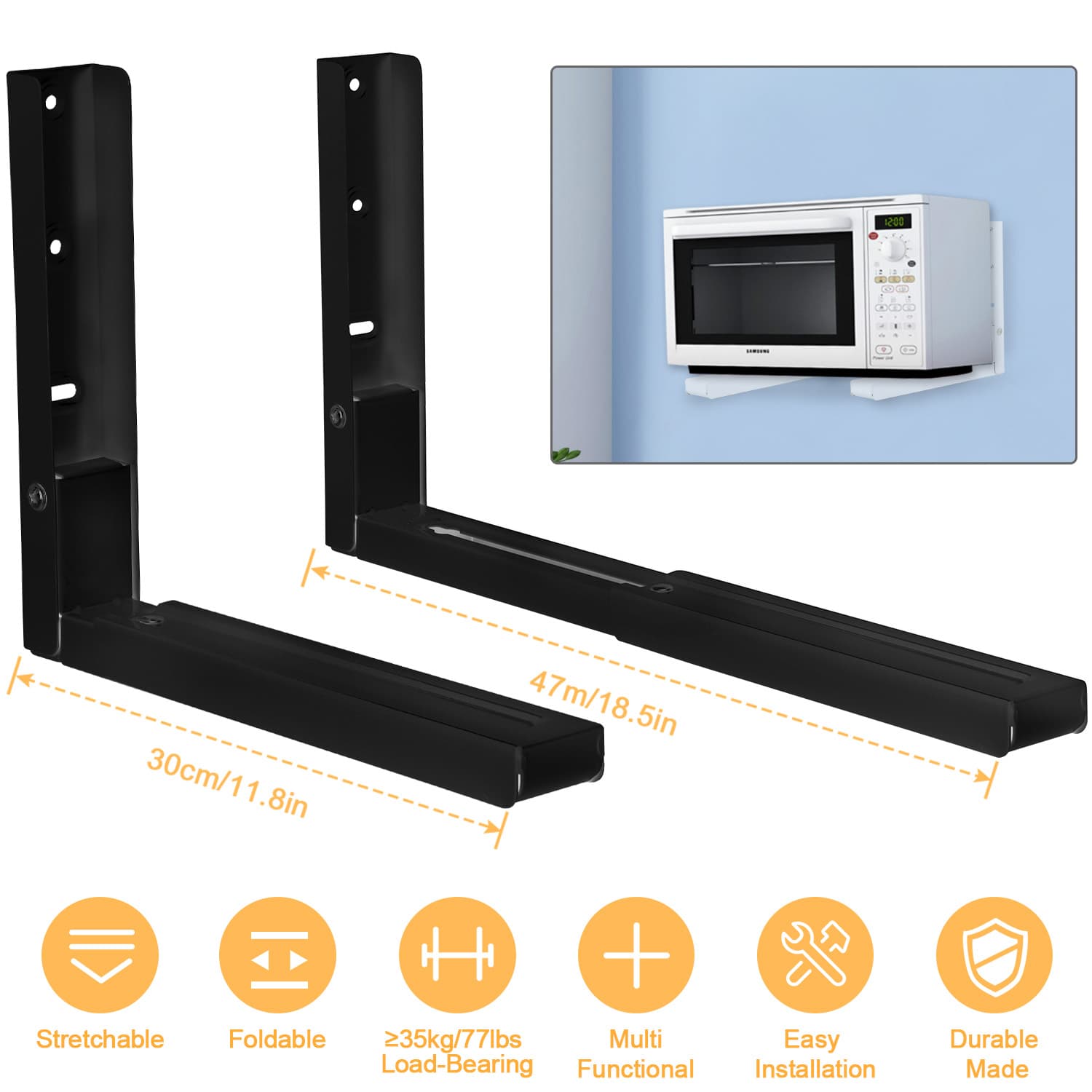 2Pcs Microwave Brackets Adjustable Wall Mount Shelf Heavy Duty Carbon Steel Wall Microwave Cradle