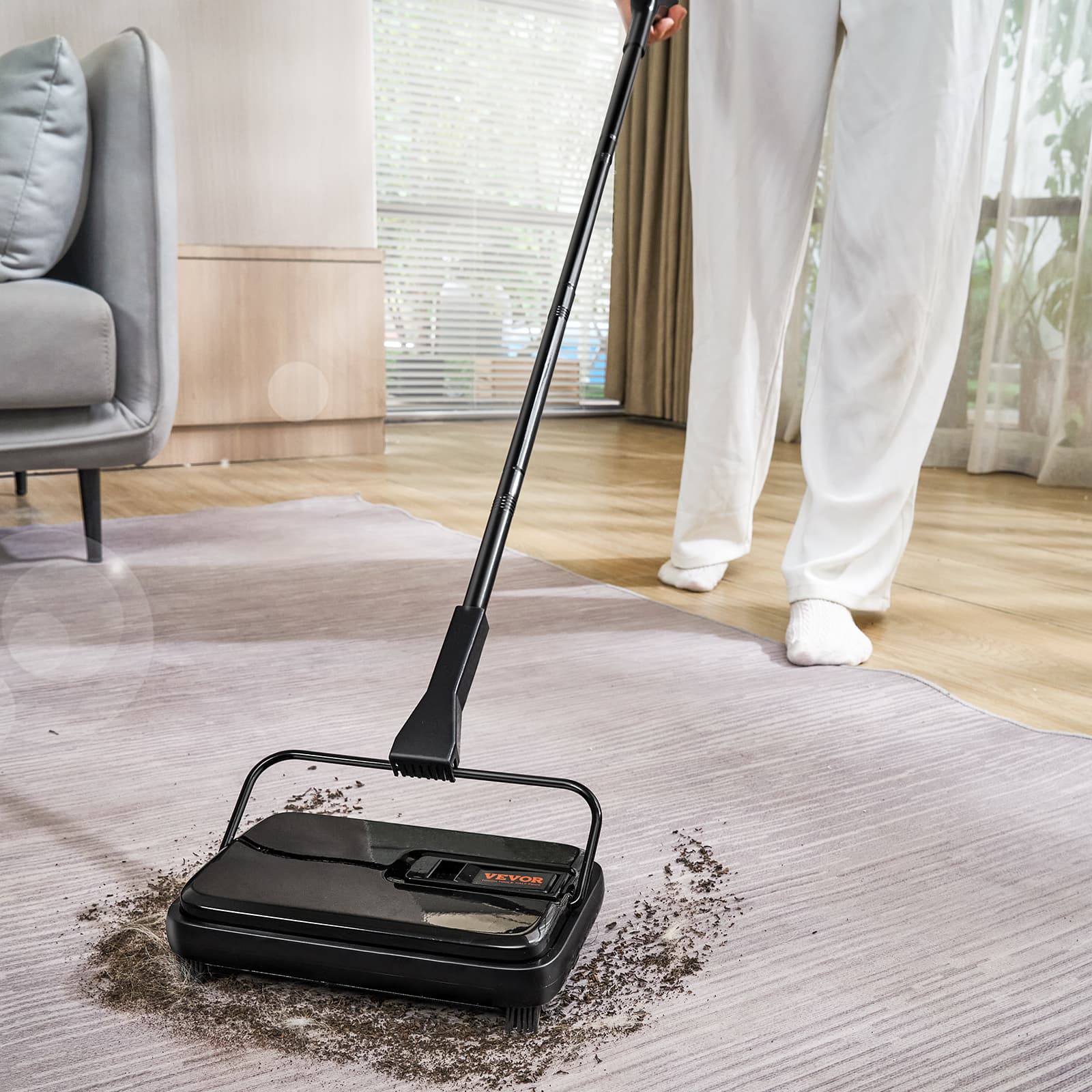 Manual Carpet Sweeper, 7.87" Sweeping Path, Non-Electric Floor Sweeper with 300ml Dustbin & Self-Cleaning Comb, Removes Pet Hair & Dust from Rugs
