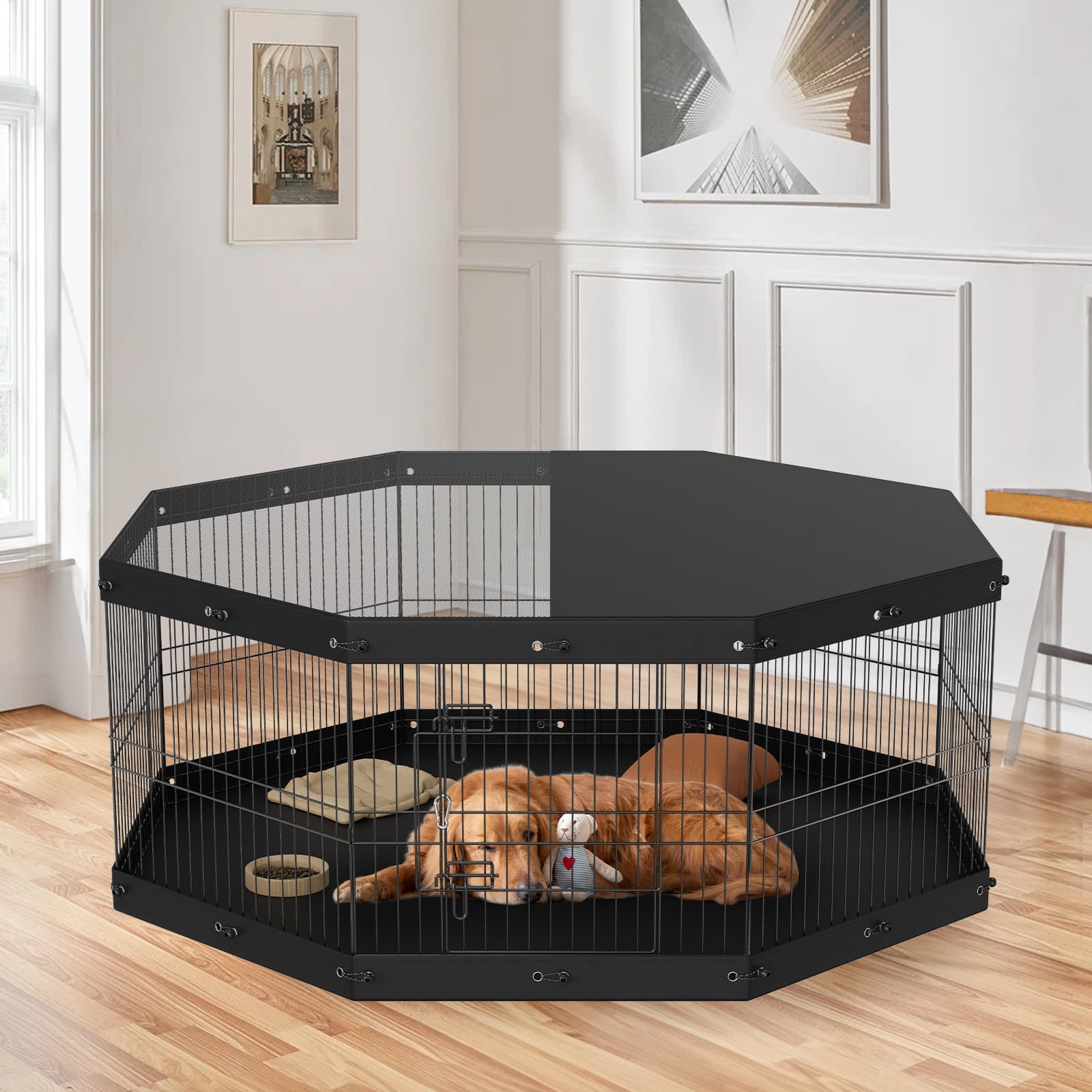 Dog Playpen Indoor Outdoor 24in 8 Panel Metal Pet Playpen with Top Cover & Bottom Pad, Foldable Puppy Exercise Pen for Small Medium Dogs